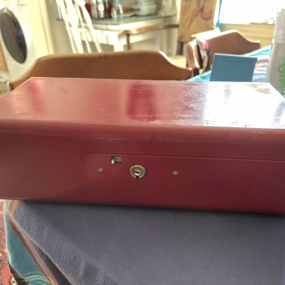 Vintage Red Metal Merriam Storage Box Hinged Lid, Latch with No Key, Durham Conn